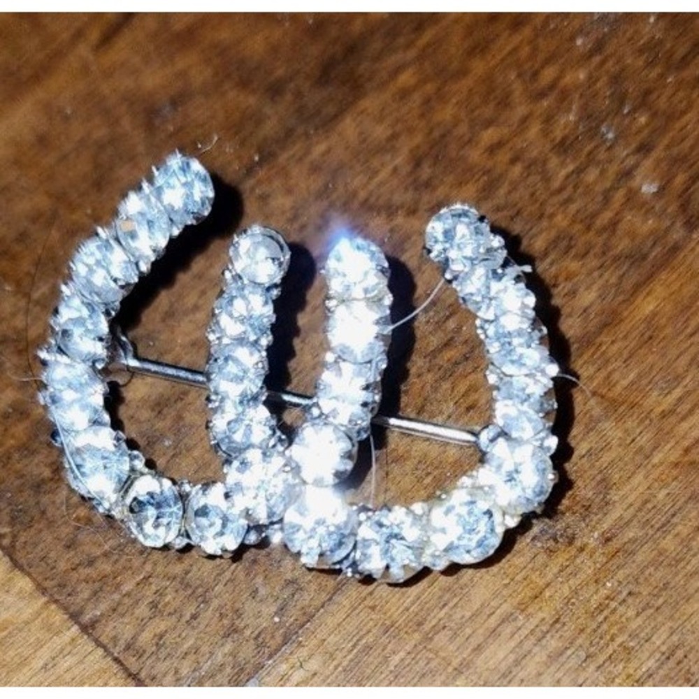 ANTIQUE Double Horseshoe Sterling Silver Brooch Rhinestones Pin, Equestrian Vtg